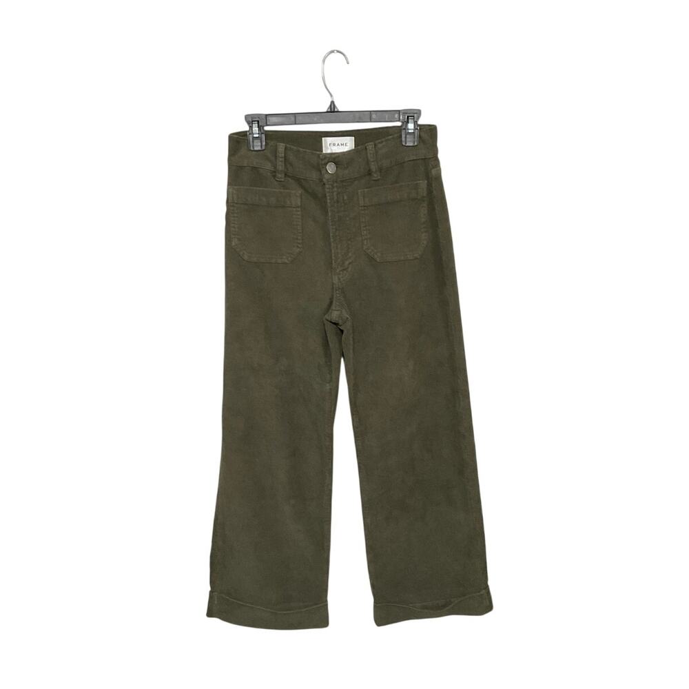 Frame Green Corduroy Cuffed Wide Leg Pants Womens Size 27 Small Pockets Stretch
